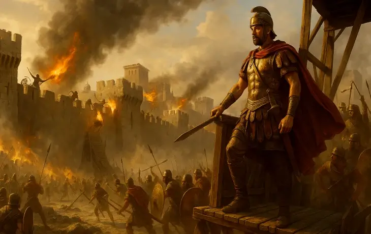 Hannibal’ın Saguntum kuşatması sırasında surların alevler içinde kaldığı, yoğun çarpışmaların sürdüğü ve Hannibal’ın kuşatmayı yönettiği savaş sahnesi.